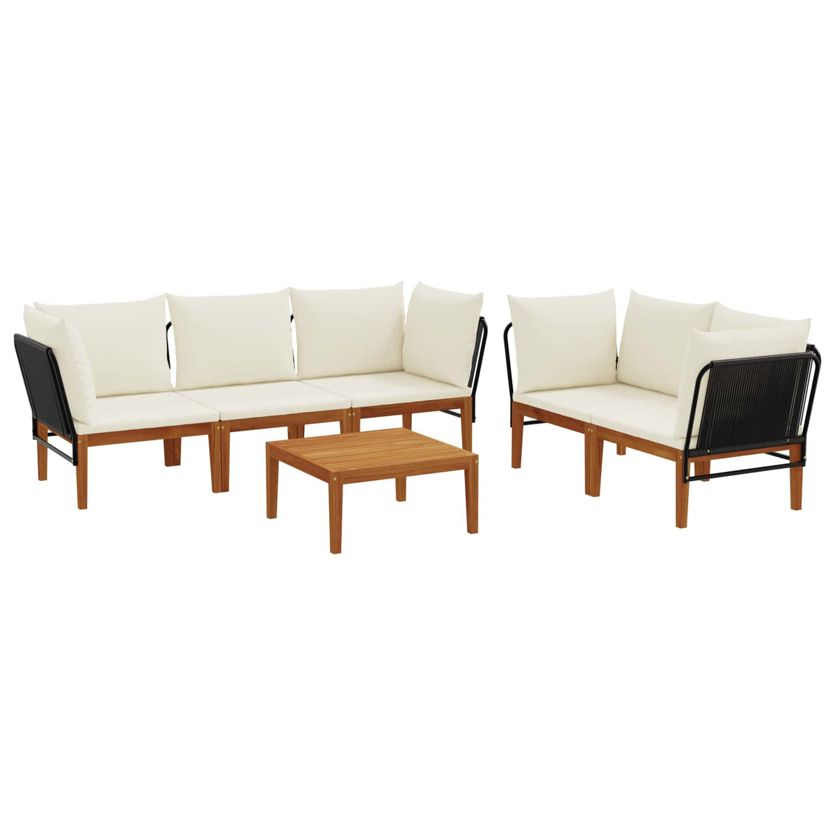 9 pcs Solid Acacia Wood & Rope Natural Black and Cream White 4x corner +1x middle +table