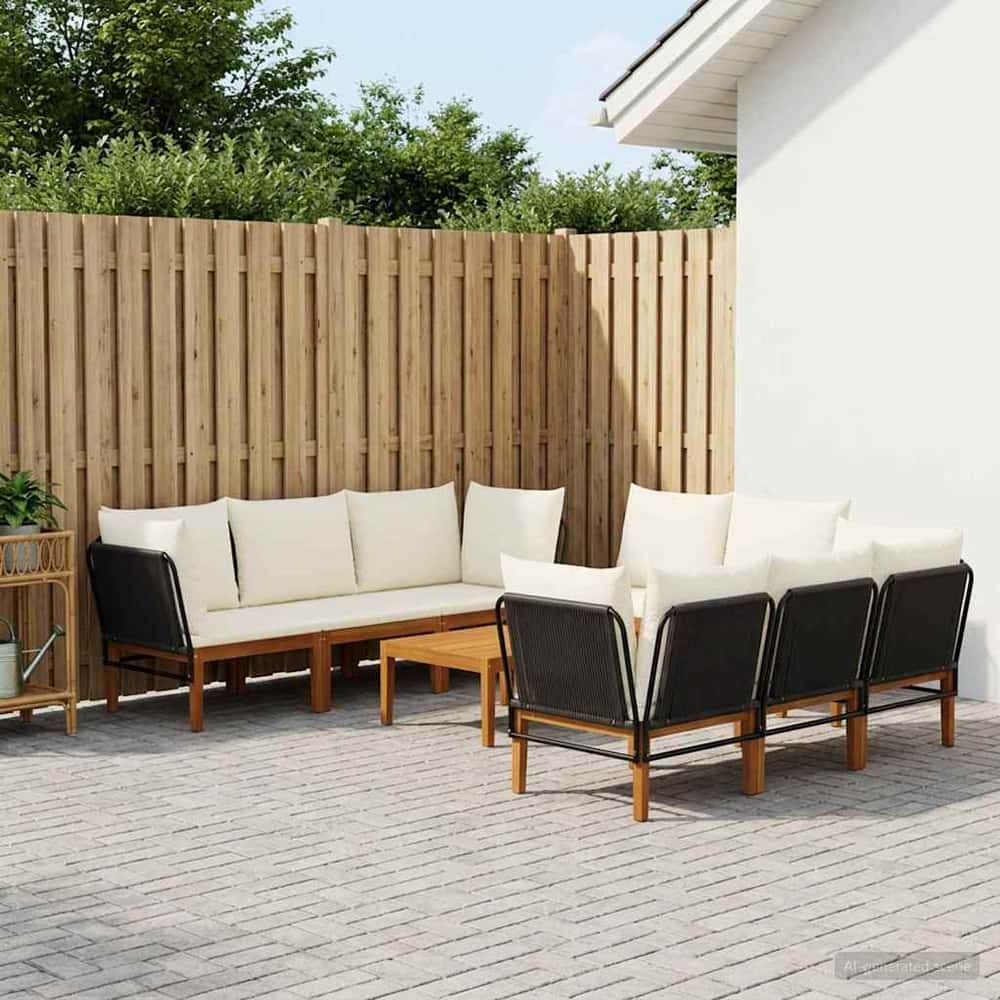 9 pcs Solid Acacia Wood & Rope Natural Black and Cream White 4x corner +4x middle +table