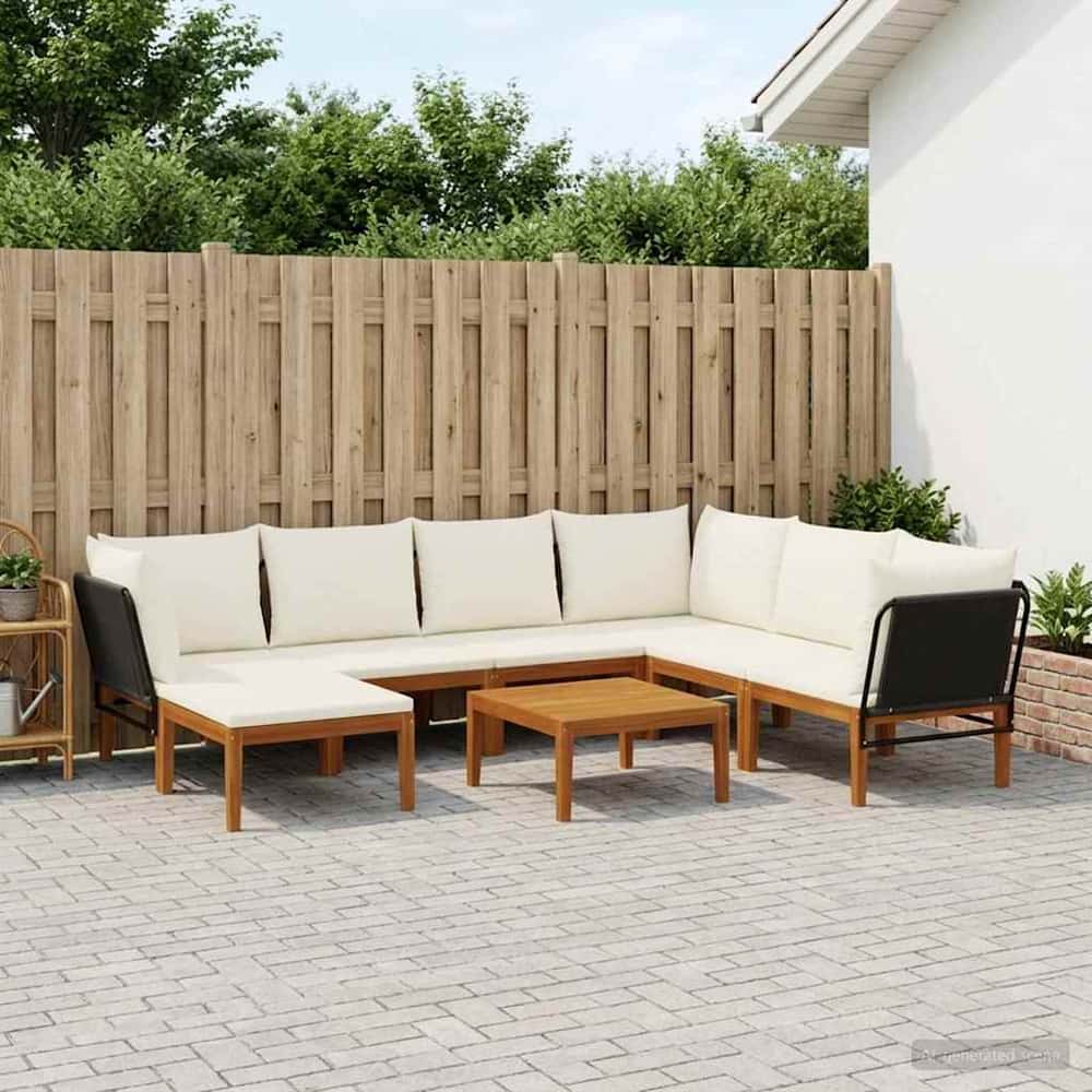 9 pcs Solid Acacia Wood & Rope Natural Black and Cream White 3x corner +3x middle +1x footrest +table