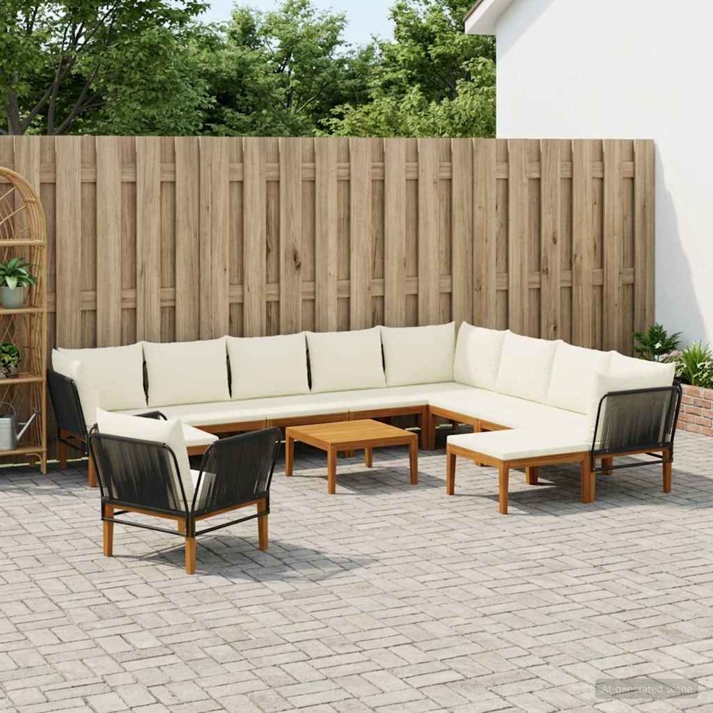 9 pcs Solid Acacia Wood & Rope Natural Black and Cream White 3x corner +5x middle +2x footrest +1x chair +table