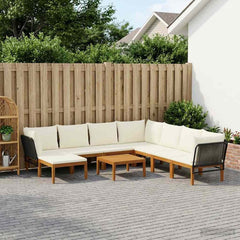 9 pcs Solid Acacia Wood & Rope Natural Black and Cream White 3x corner +4x middle +1x footrest +table