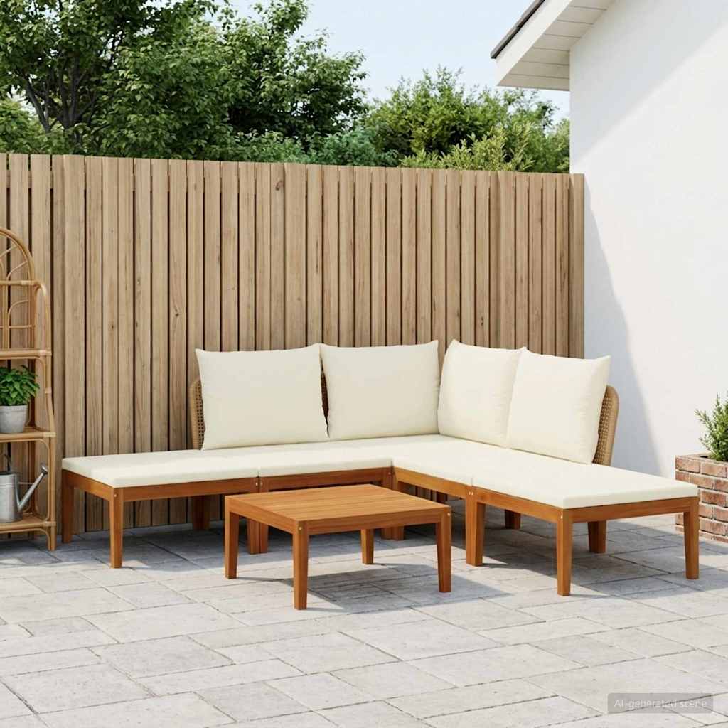 6 pcs Solid Acacia Wood & Rope Natural Beige and Cream White 1x corner +2x middle +2x footrest +table