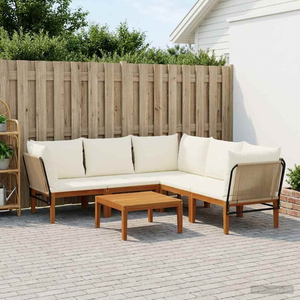 6 pcs Solid Acacia Wood & Rope Natural Beige and Cream White 3x corner +2x middle +table
