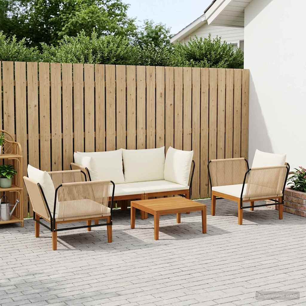 6 pcs Solid Acacia Wood & Rope Natural Beige and Cream White 2x corner + 2x chair + table