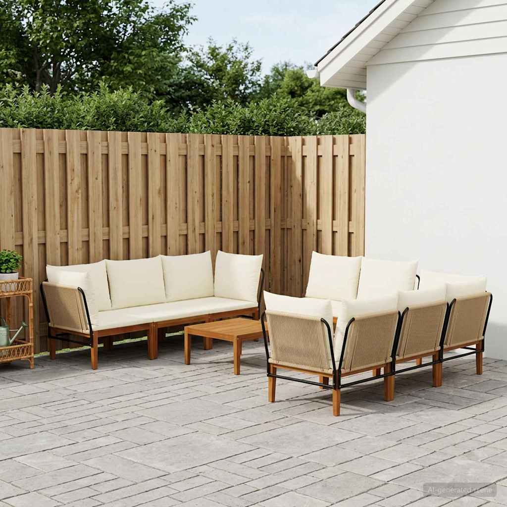 9 pcs Solid Acacia Wood & Rope Natural Beige and Cream White 4x corner +4x middle +table