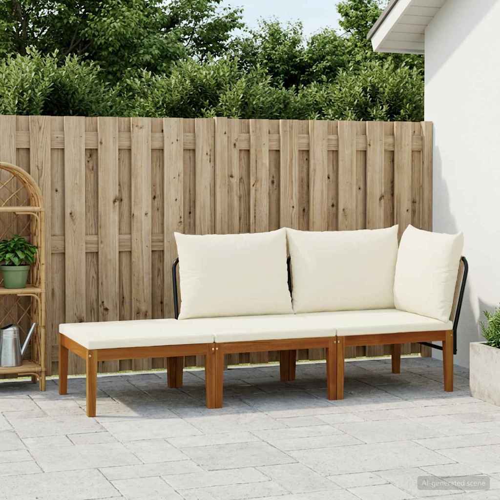 6 pcs Solid Acacia Wood & Rope Natural Beige and Cream White 1x corner +1x middle +1x footrest