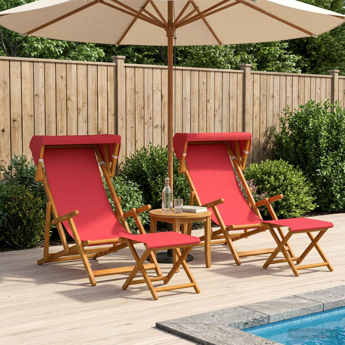 Deck Chair 4 pcs 3 Position Solid Eucalyptus Wood 2x Chair + 2x Footrest Red