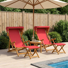Deck Chair 4 pcs 3 Position Solid Eucalyptus Wood 2x Chair + 2x Footrest Red