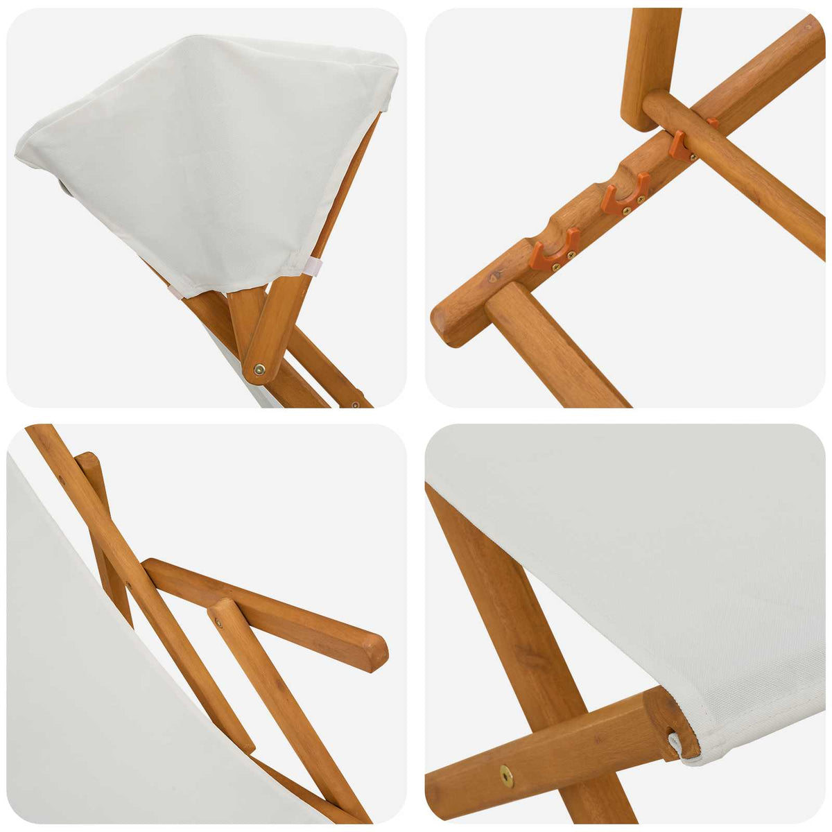 Deck Chair 4 pcs 3 Position Solid Eucalyptus Wood 2x Chair + 2x Footrest Cream