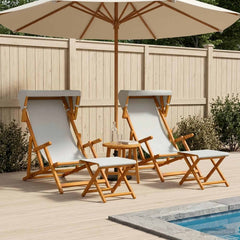Deck Chair 4 pcs 3 Position Solid Eucalyptus Wood 2x Chair + 2x Footrest Cream