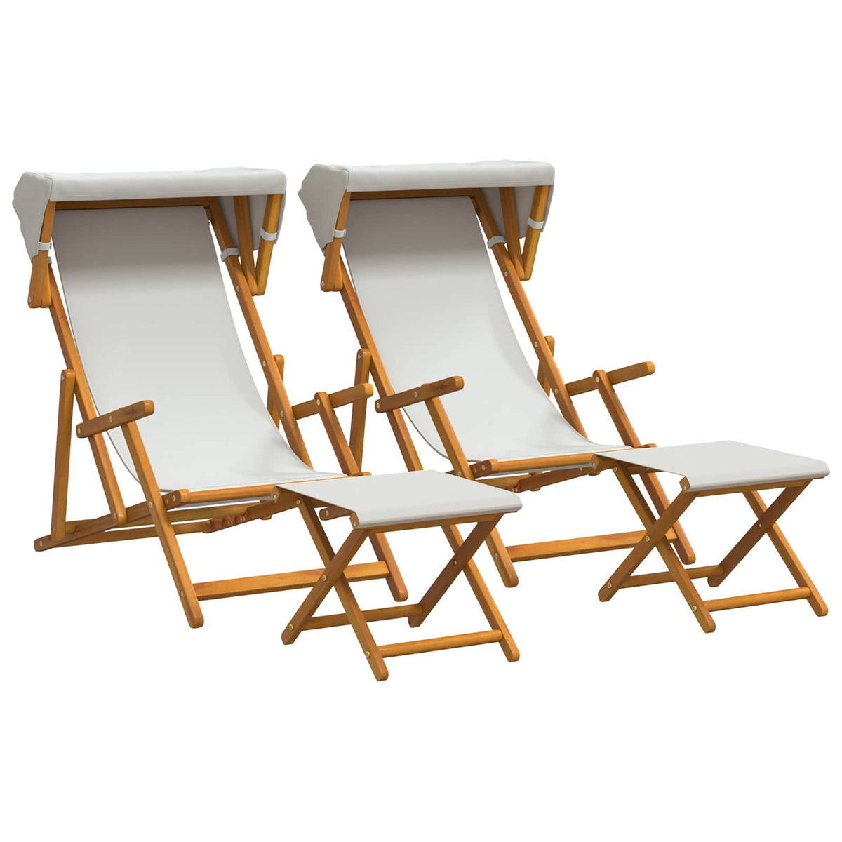 Deck Chair 4 pcs 3 Position Solid Eucalyptus Wood 2x Chair + 2x Footrest Cream