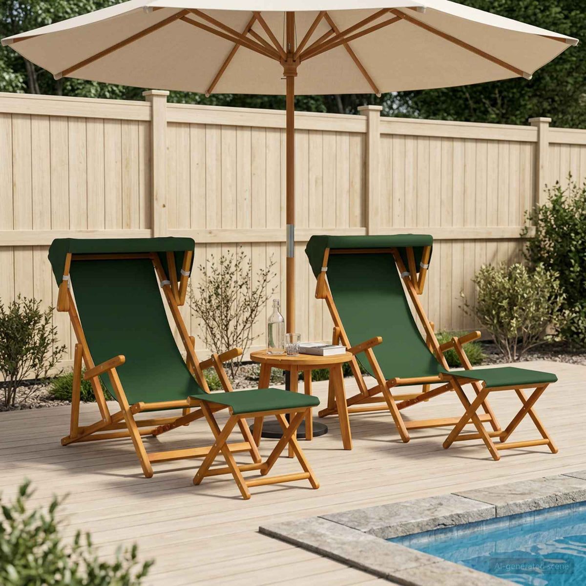 Deck Chair 4 pcs 3 Position Solid Eucalyptus Wood 2x Chair + 2x Footrest Green
