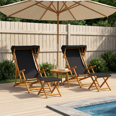 Deck Chair 4 pcs 3 Position Solid Eucalyptus Wood 2x Chair + 2x Footrest Black