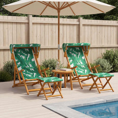 Deck Chair 4 pcs 3 Position Solid Eucalyptus Wood 2x Chair + 2x Footrest Leaf pattern