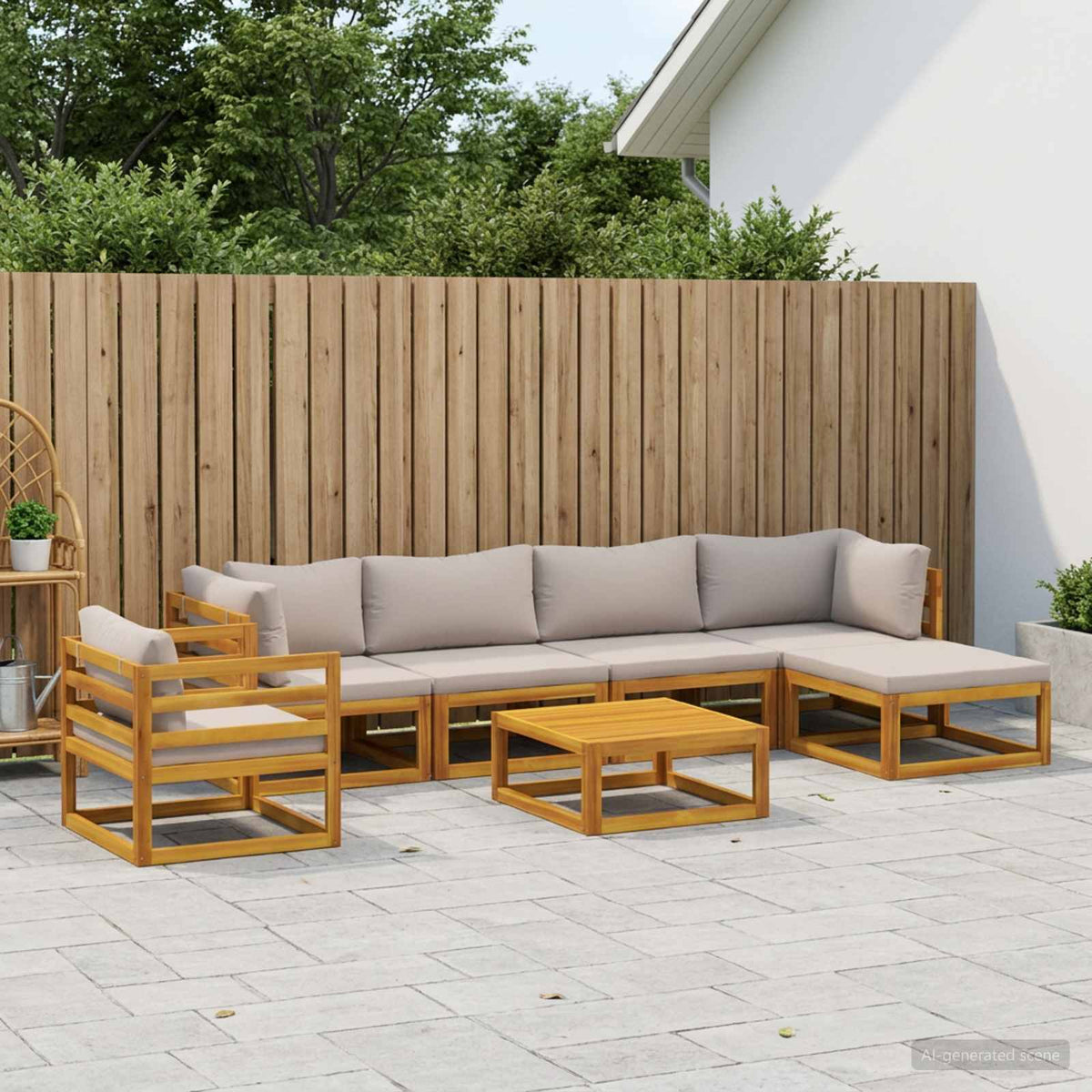 Sofa Set 7 pcs Natural Solid Acacia Wood Taupe 2x corner + 2x middle + armchair + footrest + table