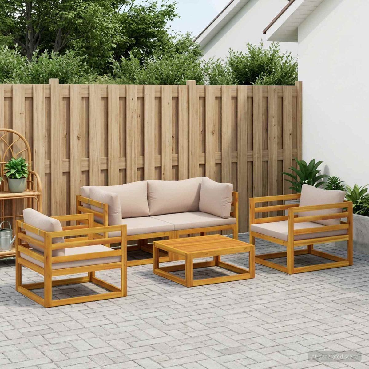 Sofa Set 7 pcs Natural Solid Acacia Wood Taupe 2x corner + 2x armchair + table