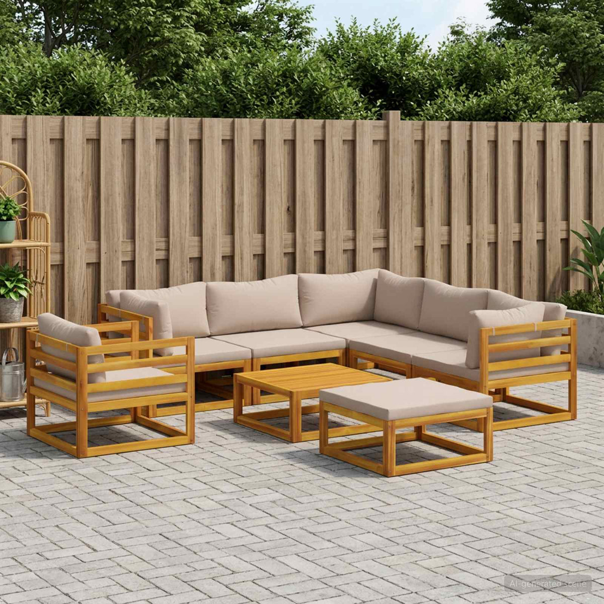 Sofa Set 7 pcs Natural Solid Acacia Wood Taupe 3x corner + 2x middle + armchair + footrest + table