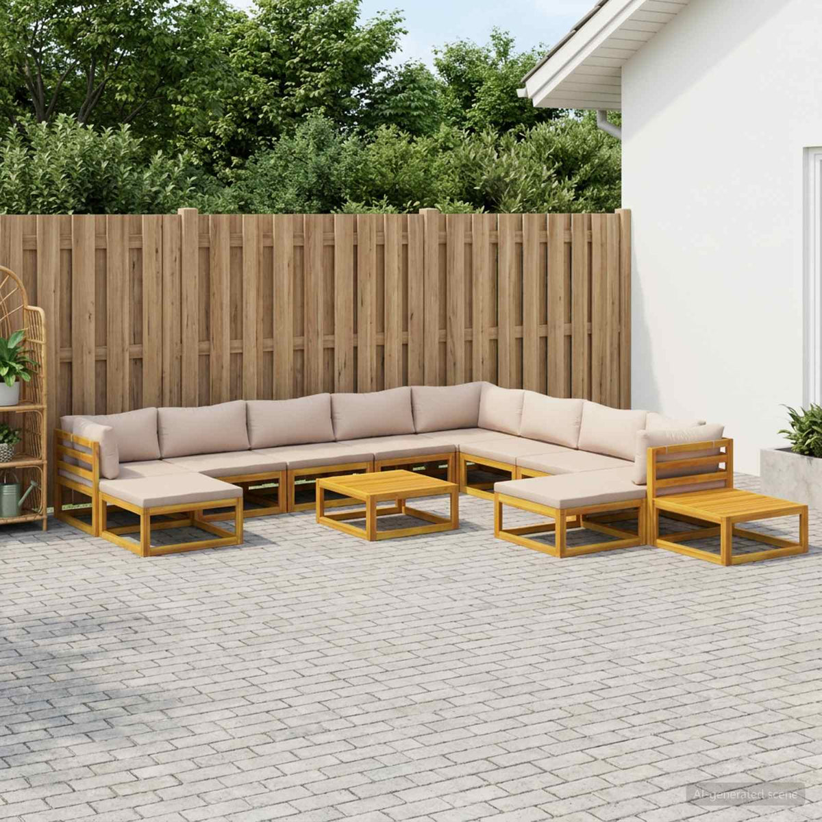 Sofa Set 7 pcs Natural Solid Acacia Wood Taupe 3x corner + 5x middle + 2x footrest + 2x table