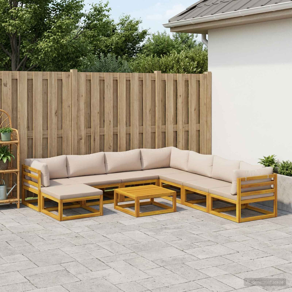 Sofa Set 7 pcs Natural Solid Acacia Wood Taupe 3x corner + 4x middle + footrest + table