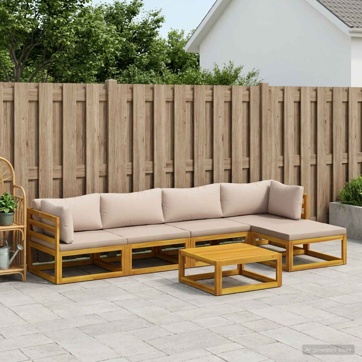 Sofa Set 7 pcs Natural Solid Acacia Wood Taupe 2x corner + 2x middle + footrest + table