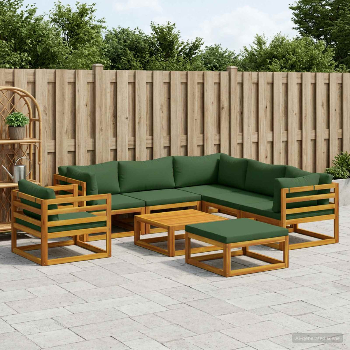 Sofa Set 7 pcs Natural Solid Acacia Wood Green 3x corner + 2x middle + armchair + footrest + table