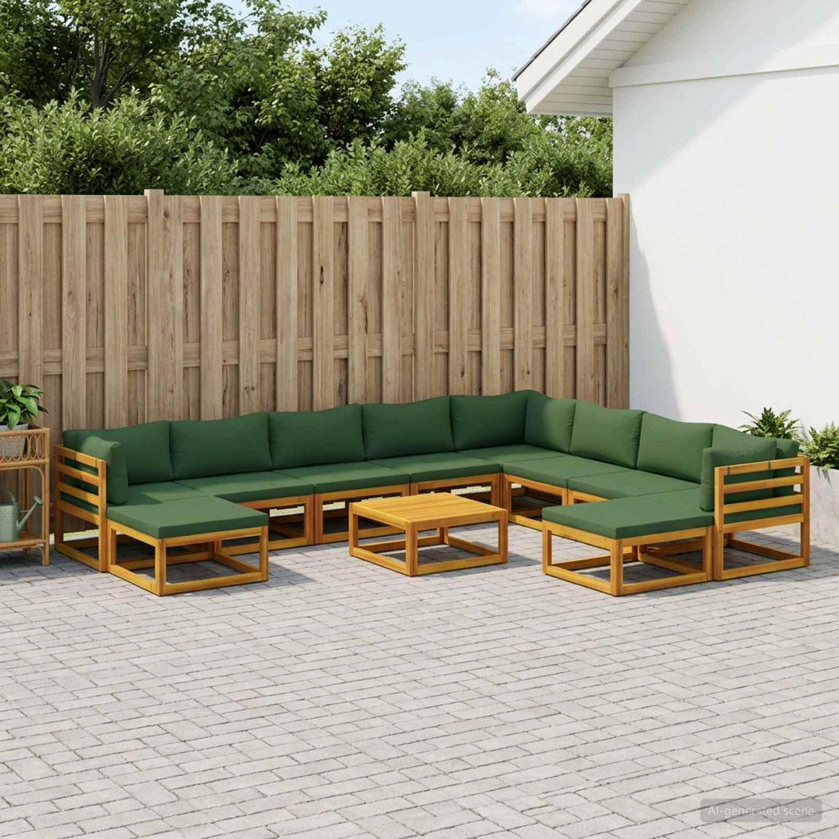 Sofa Set 7 pcs Natural Solid Acacia Wood Green 3x corner + 5x middle + 2x footrest + table