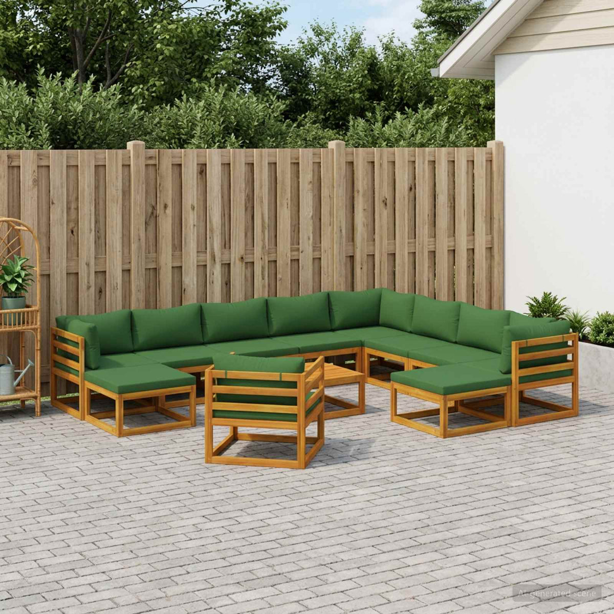 Sofa Set 7 pcs Natural Solid Acacia Wood Green 3x corner + 5x middle + armchair + 2x footrest + table