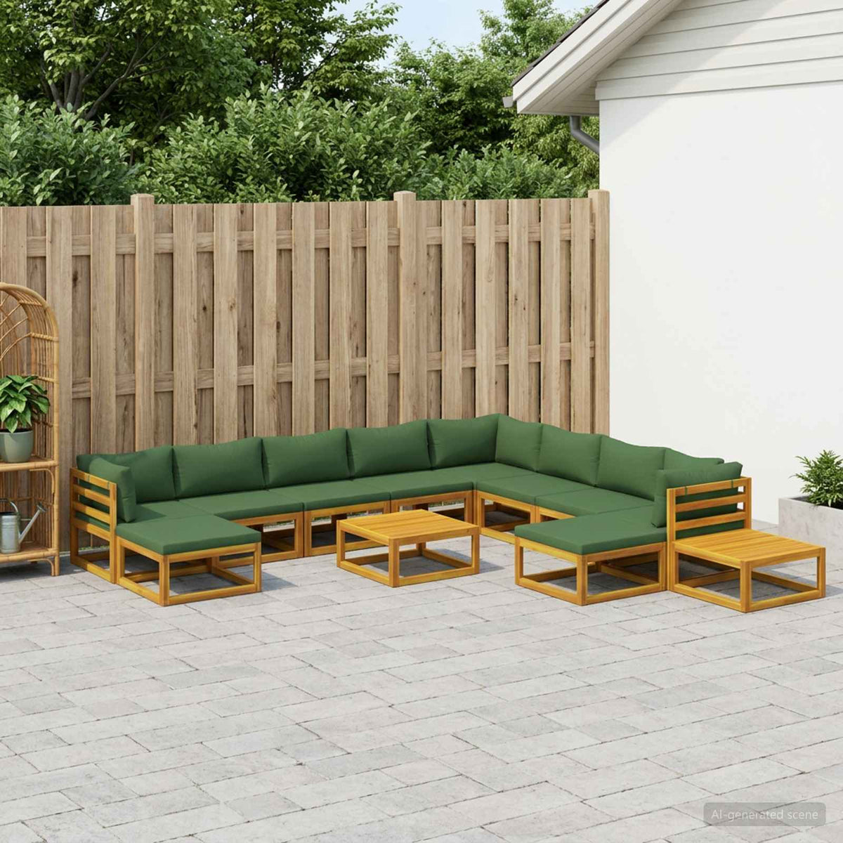 Sofa Set 7 pcs Natural Solid Acacia Wood Green 3x corner + 5x middle + 2x footrest + 2x table