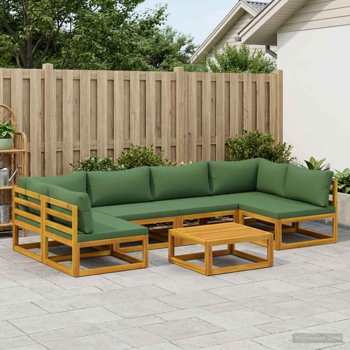 Sofa Set 7 pcs Natural Solid Acacia Wood Green 2x corner + 4x middle + table