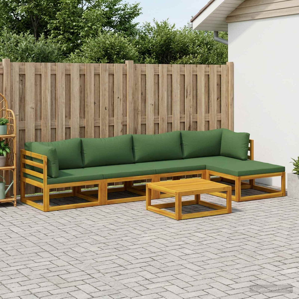 Sofa Set 7 pcs Natural Solid Acacia Wood Green 2x corner + 2x middle + footrest + table