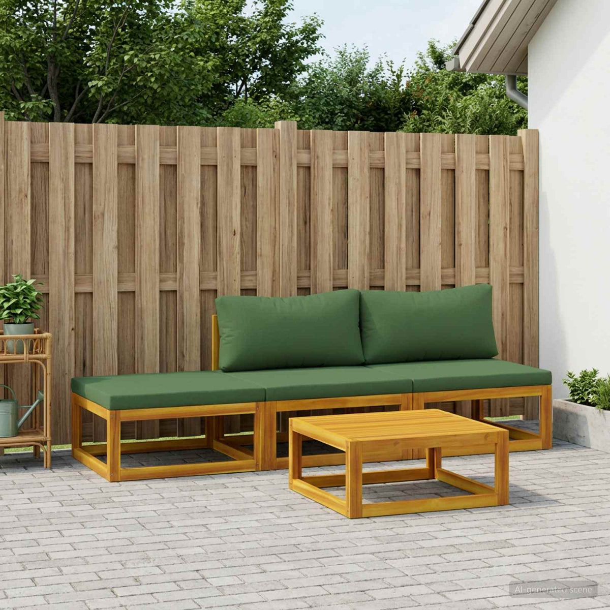 Sofa Set 7 pcs Natural Solid Acacia Wood Green 2x middle + footrest + table