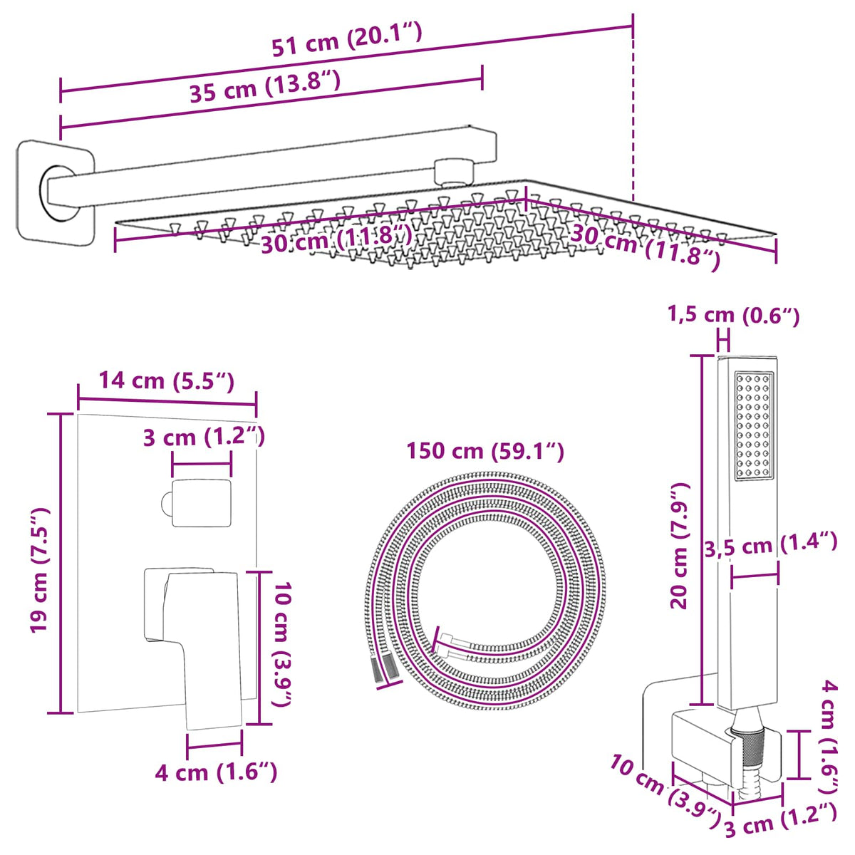 Concealed Shower System (Round) Stainless Steel 201 Gold Square-shaped