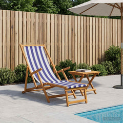 Folding Sun Lounger 3 Position Solid Eucalyptus Wood Blue and white
