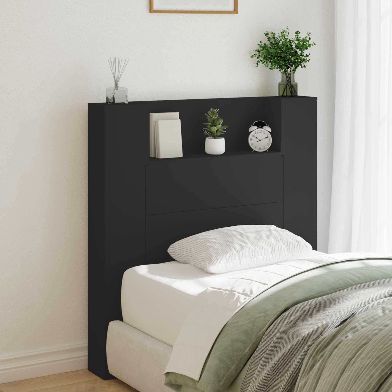 vidaXL Storage Headboard with LED Black Engineered Wood 1
