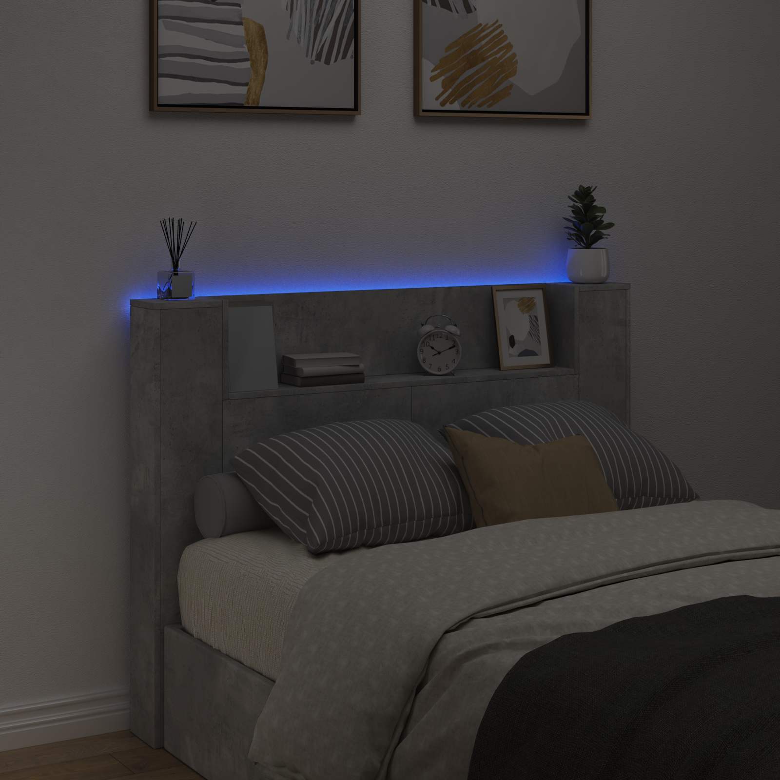 vidaXL Storage Headboard with LED Concrete Grey Engineered Wood 4