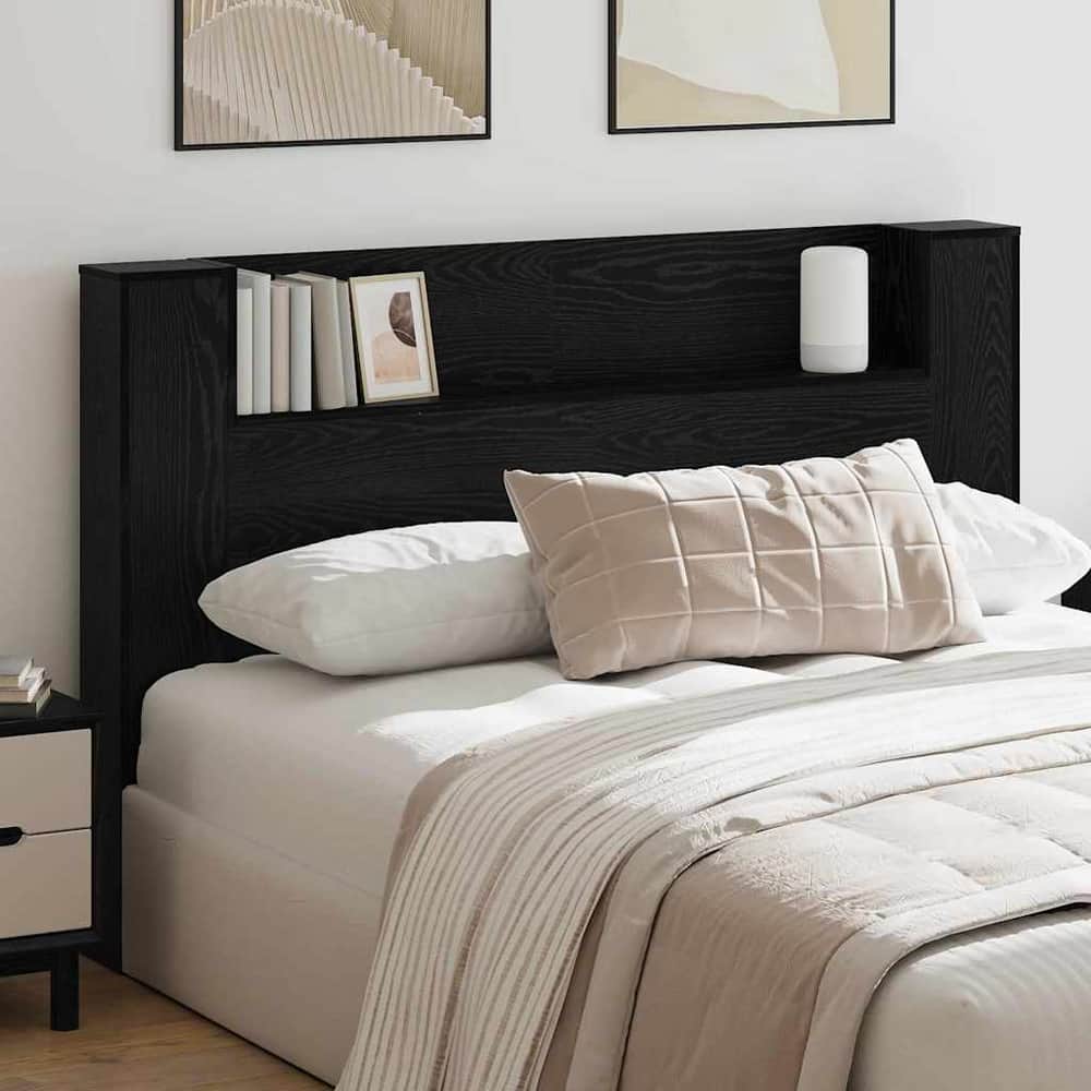 Storage Headboard with LED Engineered Wood 160 cm Black oak