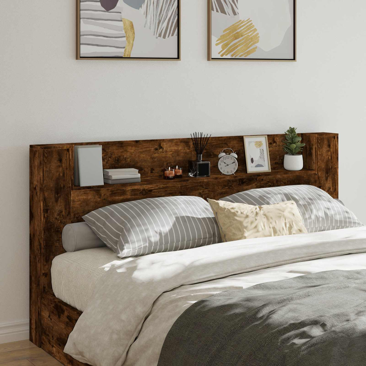 Storage Headboard with LED Engineered Wood 200 cm Smoked oak
