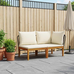 Garden with Cushions Solid Acacia Wood & Rope Black and Cream White Corner sofa + middle sofa