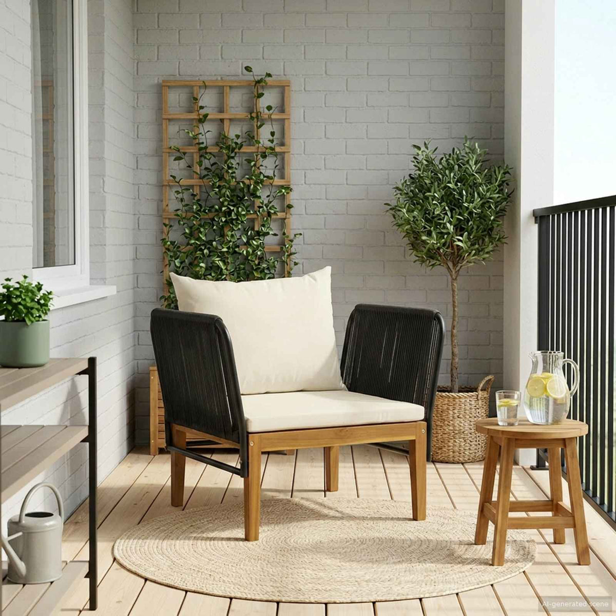 Garden with Cushions Solid Acacia Wood & Rope Black and Cream White Chair