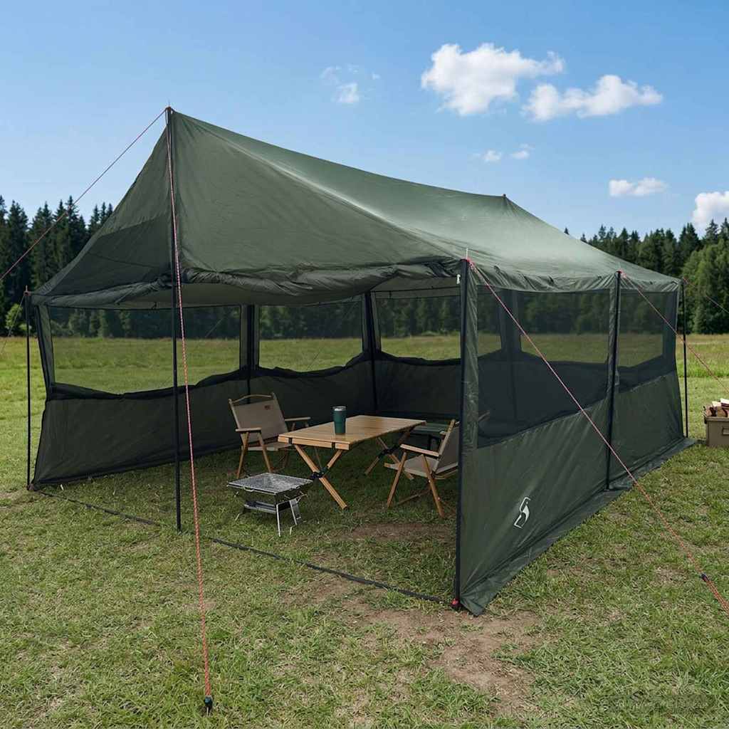 Family Tent 450 x 400 x 265 cm Polyester and Steel Army green 600 x 402 x 268/168 cm