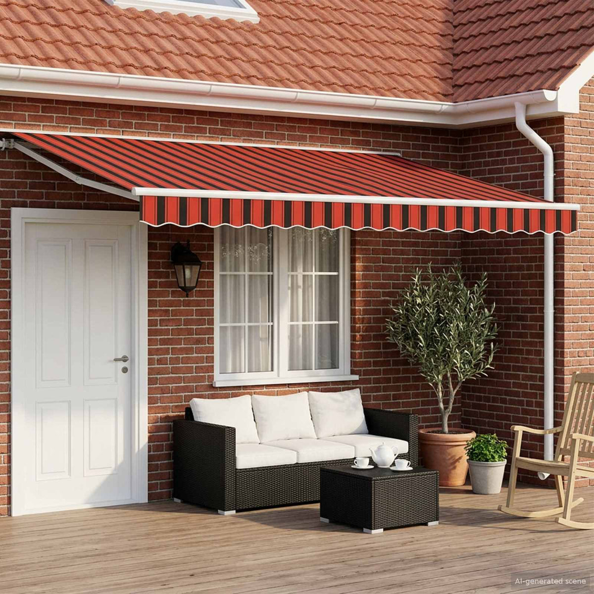 Manual Awning with Solar LED 4.5 x 3.5 m White Orange and Brown Stripe