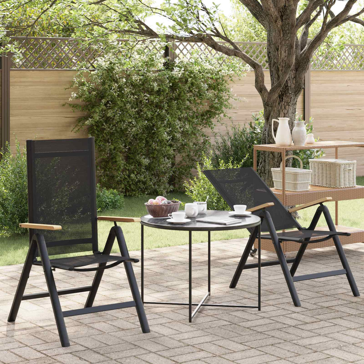 vidaXL Reclining Garden Chairs 2 pcs Black Textilene 1