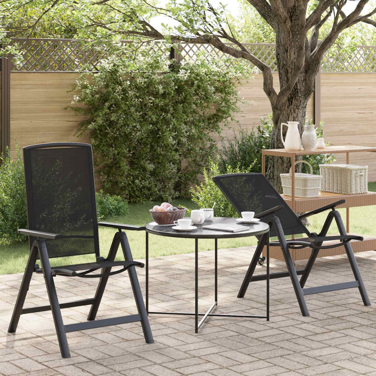vidaXL Reclining Garden Chairs 2 pcs Black Textilene 1