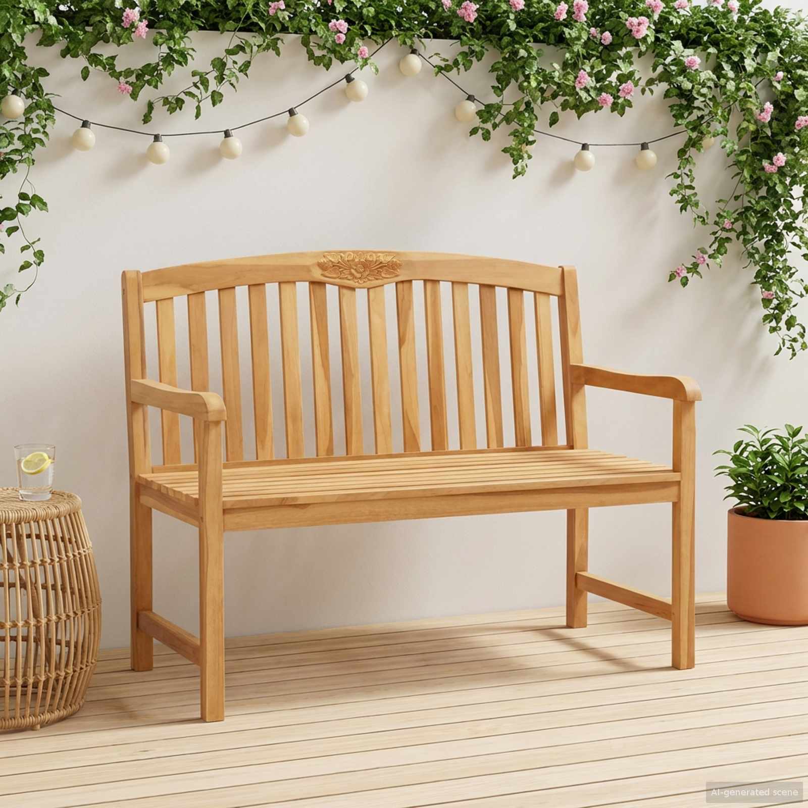 vidaXL Handcarved Rose Bench 114 x 60.5 x 95 cm Solid Teak Wood 1