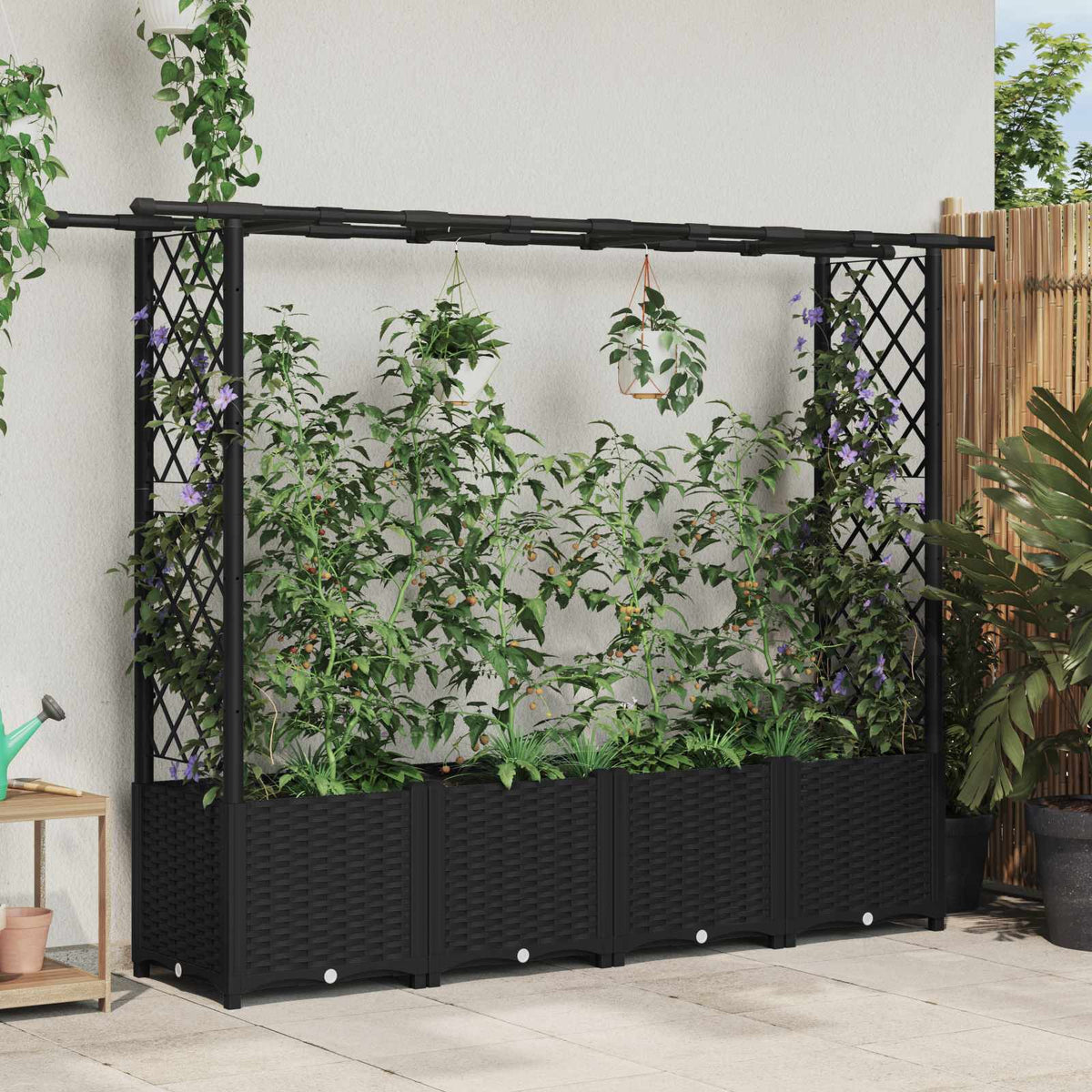 Raised Bed with Trellis and Roof PP Black with Flat Roof (2 Side trellis) 203 cm 136 cm