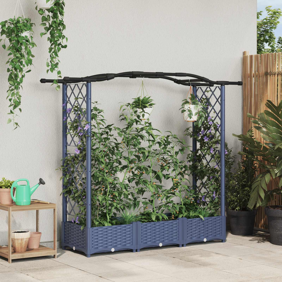Raised Bed with Trellis and Roof PP Grey with Curved Roof (2 Side trellis) 169 cm 123 cm