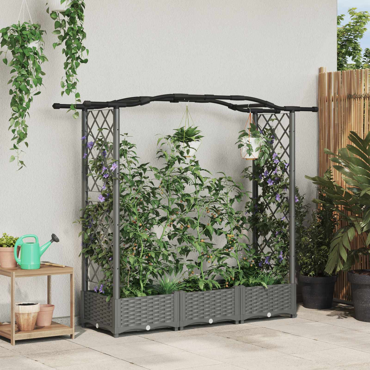 Raised Bed with Trellis and Roof Light Grey with Curved Roof (2 Side trellis) 169 cm 123 cm