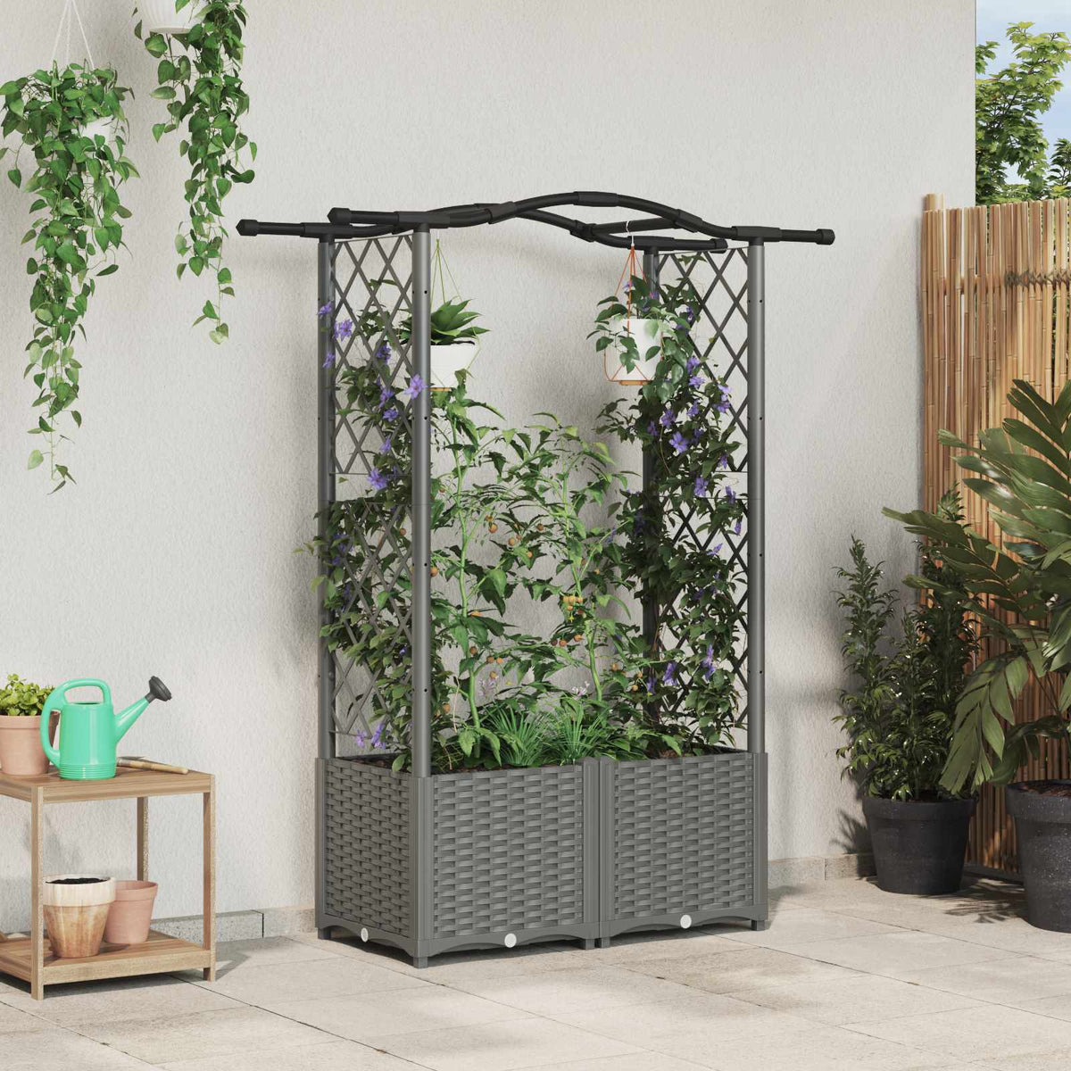 Raised Bed with Trellis and Roof Light Grey with Curved Roof (2 Side trellis) 125 cm 138 cm