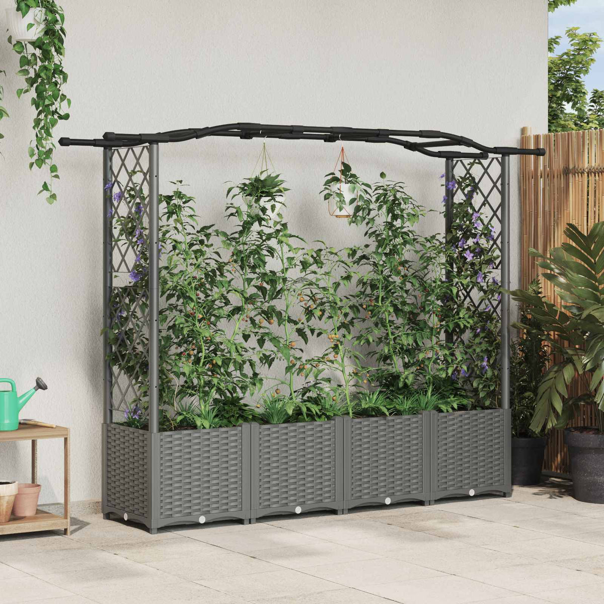 Raised Bed with Trellis and Roof Light Grey with Curved Roof (2 Side trellis) 204 cm 138 cm