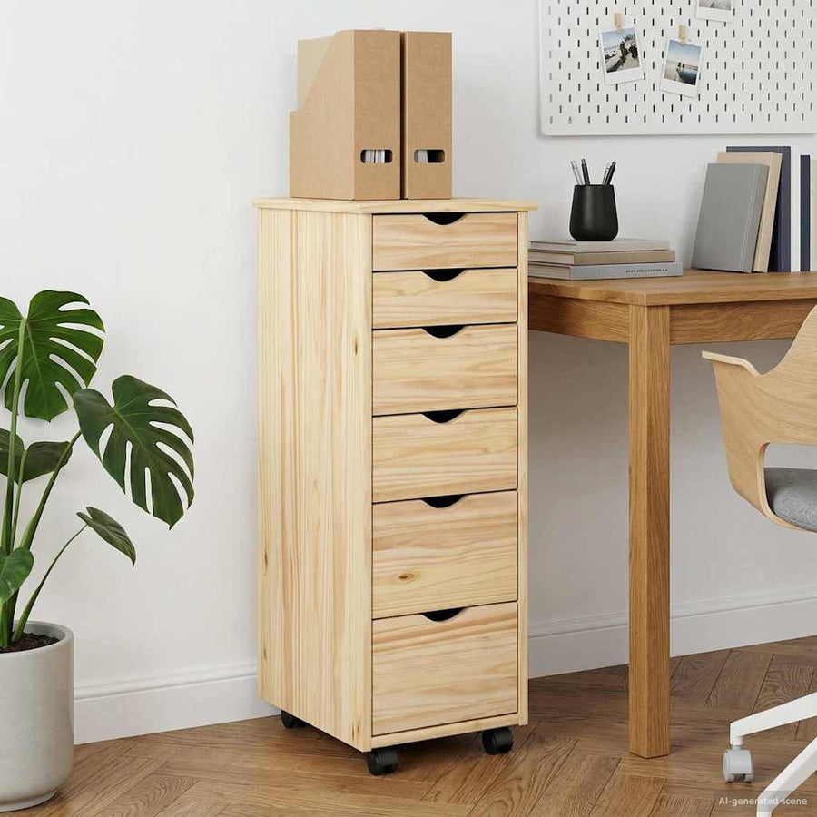 Rolling Cabinet Solid Pine Wood Brown